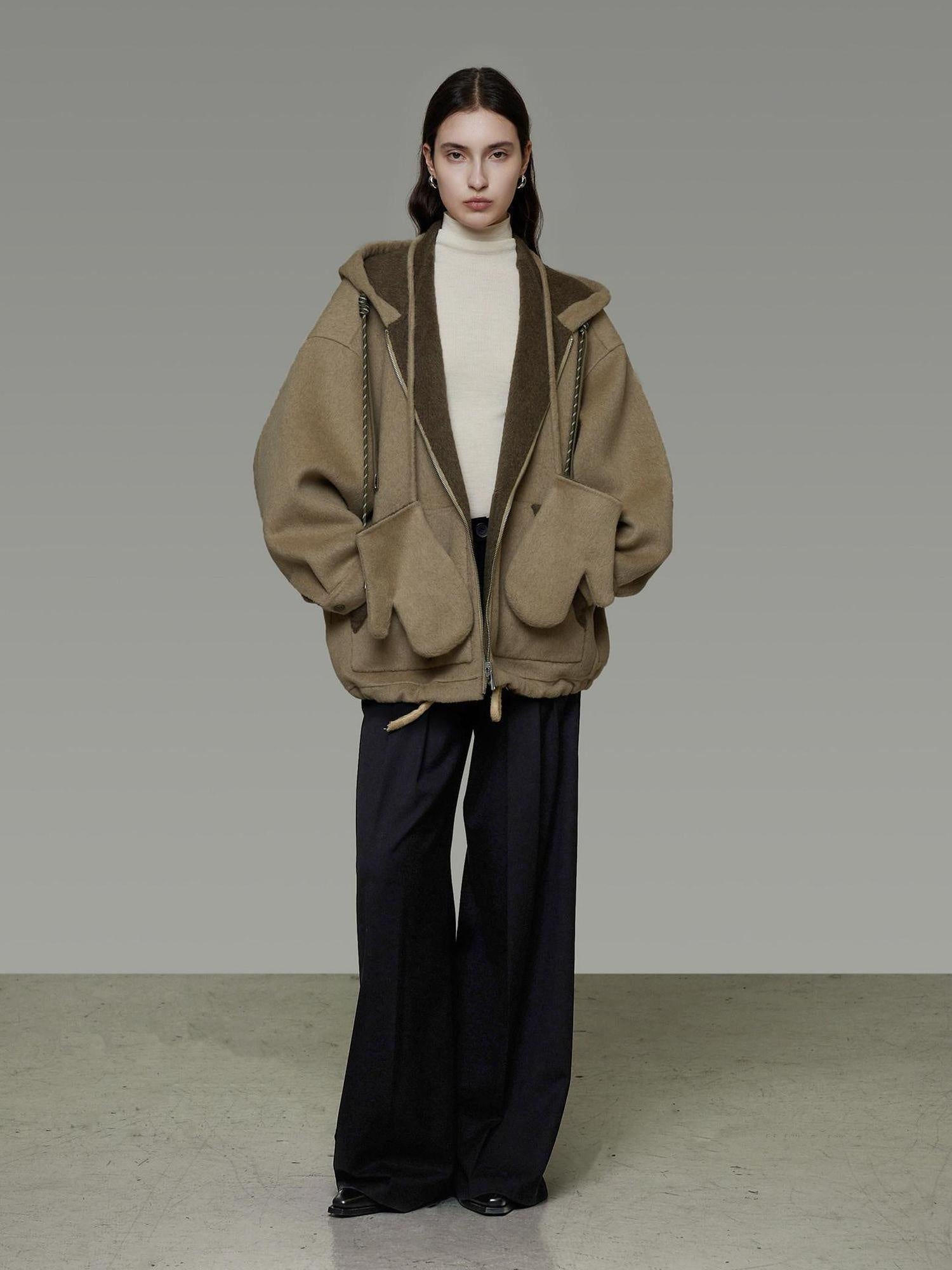 unspoken Premium Sheepswool Minimal Commuter Loose Fit Hooded Zip For Women Wool Coats