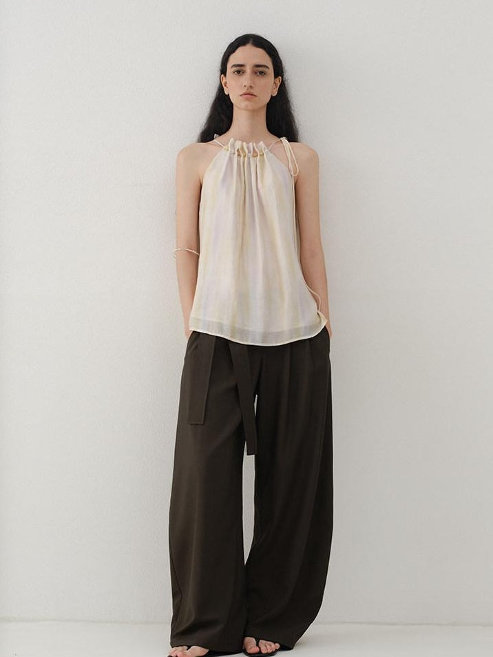 someonesometimes Minimalist Work Natural Waist Button Tea Brown Stretch Wide Leg Pants
