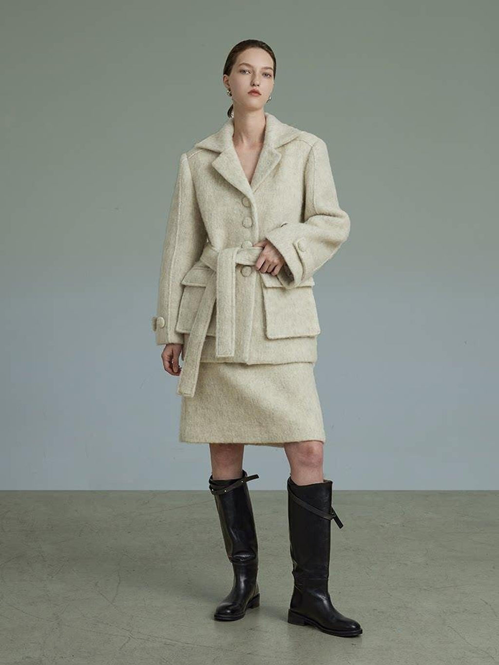 unspoken Porcelain White Wool Blend Minimal Office Single Breasted Notch Top & Skirt Sets