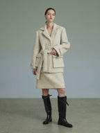 unspoken Porcelain White Wool Blend Minimal Office Single Breasted Notch Top & Skirt Sets