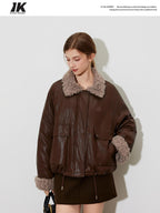 ikyou Thick Pu Leather Embroidered Zip Pocket Oversized Korean Brown Cropped Jackets