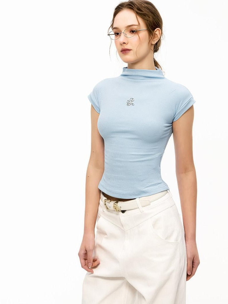 ikyou Cooling Wrinkle Free Slim Crop Half High Neck Solid Short Sleeve T-Shirts