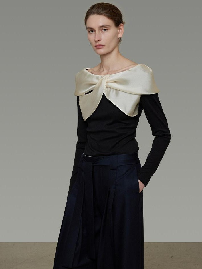 unspoken Comfortable Loose One Shoulder Long Sleeve Women Colorblock Black Beige Blouses