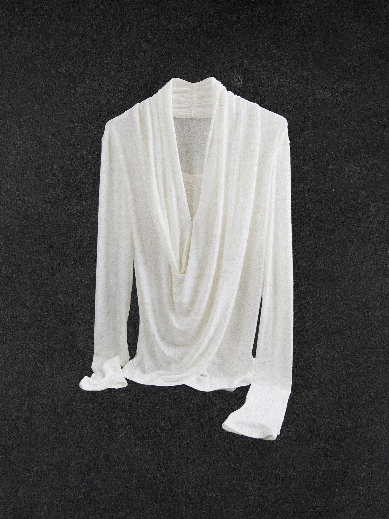 unspoken Lyocell Asymmetric Slim Fit Distressed V-neck Pullover Women Cream Blouses