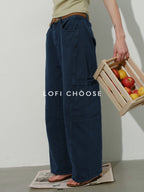Lofi choose High Waist Washed Cotton Loose Office Women Waterwash Blue Wide Leg Jeans