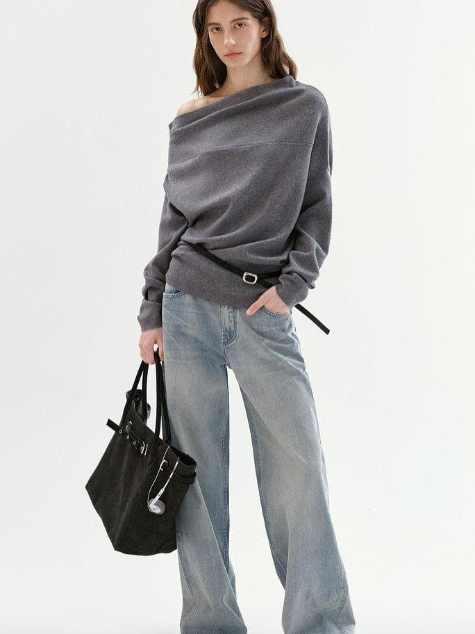 fano Minimalist Office Regular Asymmetric Neck Batwing Sleeve Women Nylon Sweaters