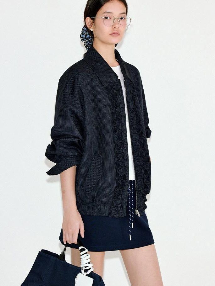 fano Vintage Black Grey Plaid Ruffle Loose Fit Viscose Zipper Women Bomber Jackets