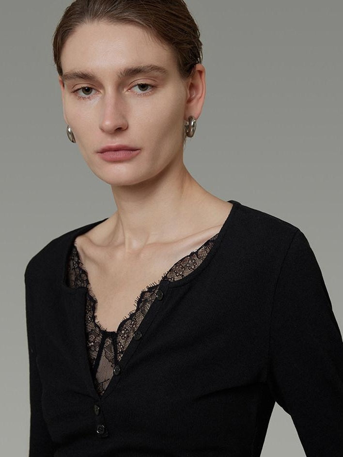 unspoken Viscose Knit Casual Slim Lace Trim Women V-neck Long Sleeve Black Blouses