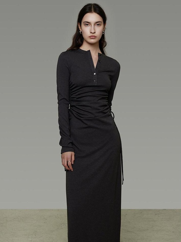 unspoken Breathable Tencel Ruched High Waist A Line Long Sleeve Slim Office Maxi Dresses