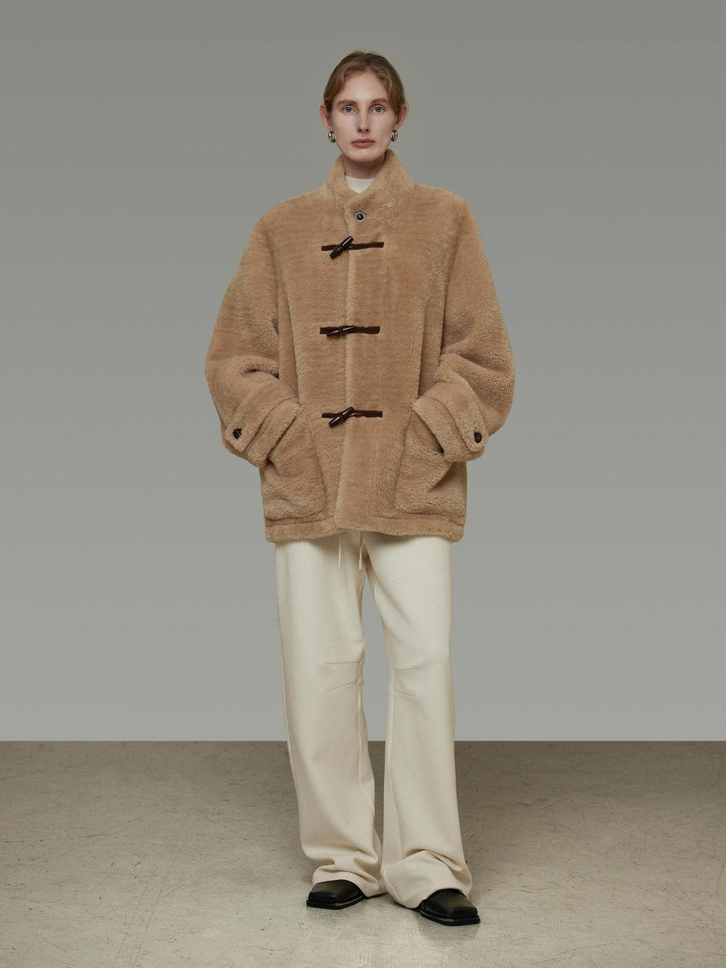 unspoken Warm Fur Lined Oversized Stand Collar Khaki Women Short Coat