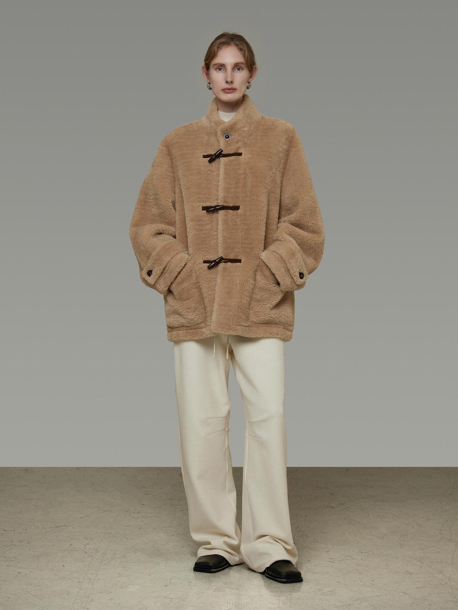 unspoken Warm Fur Lined Oversized Stand Collar Khaki Women Short Coat