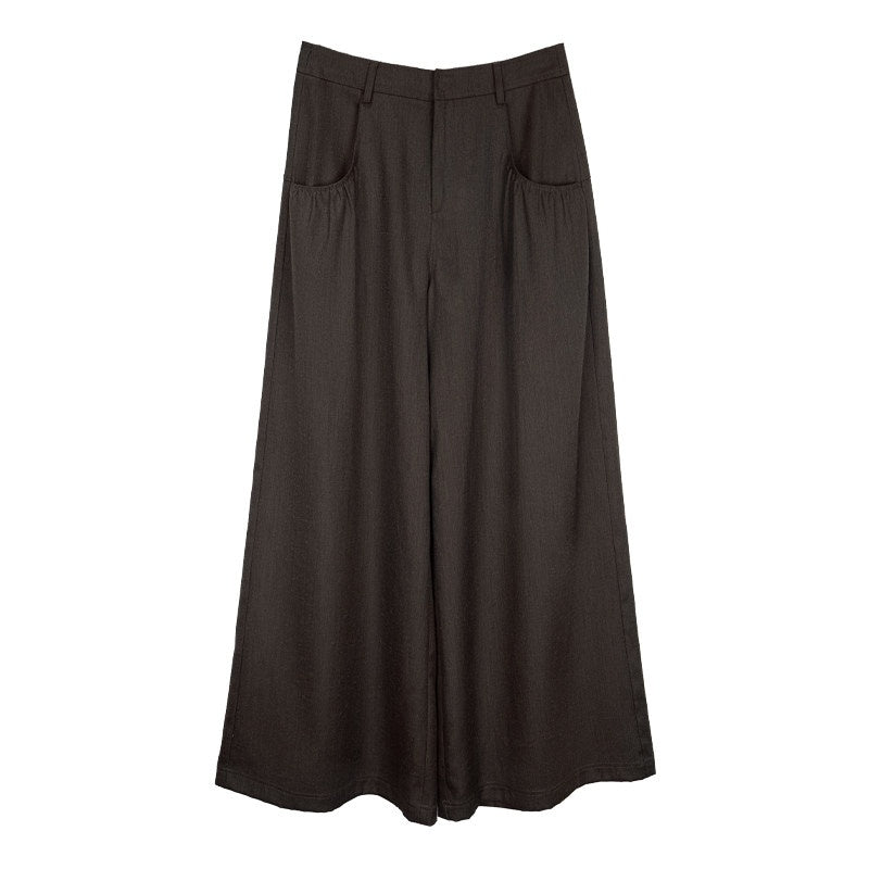 someonesometimes Comfort Minimalist Elastic Natural Waist Office Dark Brown Wide Leg Pants