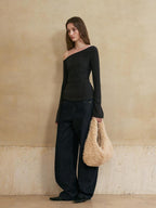 someonesometimes Colorblock Charcoal Pink Asymmetrical Knit Loose Viscose Off Shoulder Crop Tops