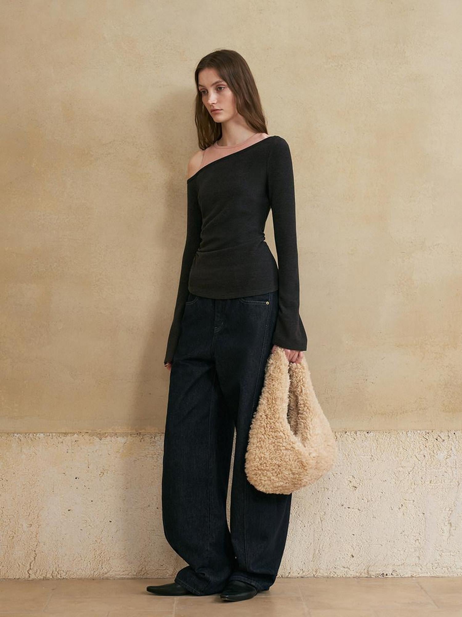 someonesometimes Colorblock Charcoal Pink Asymmetrical Knit Loose Viscose Off Shoulder Crop Tops