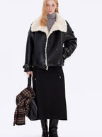 fano Warm Shearling High Collar Double Breasted Loose Fit Women Black Leather Jackets