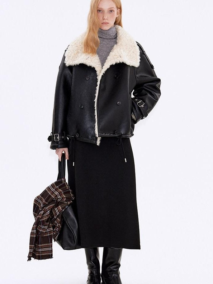 fano Warm Shearling High Collar Double Breasted Loose Fit Women Black Leather Jackets