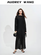audreyyang Soft Viscose Blend Natural Waist Casual Flowy Women Black White Wide Leg Pants