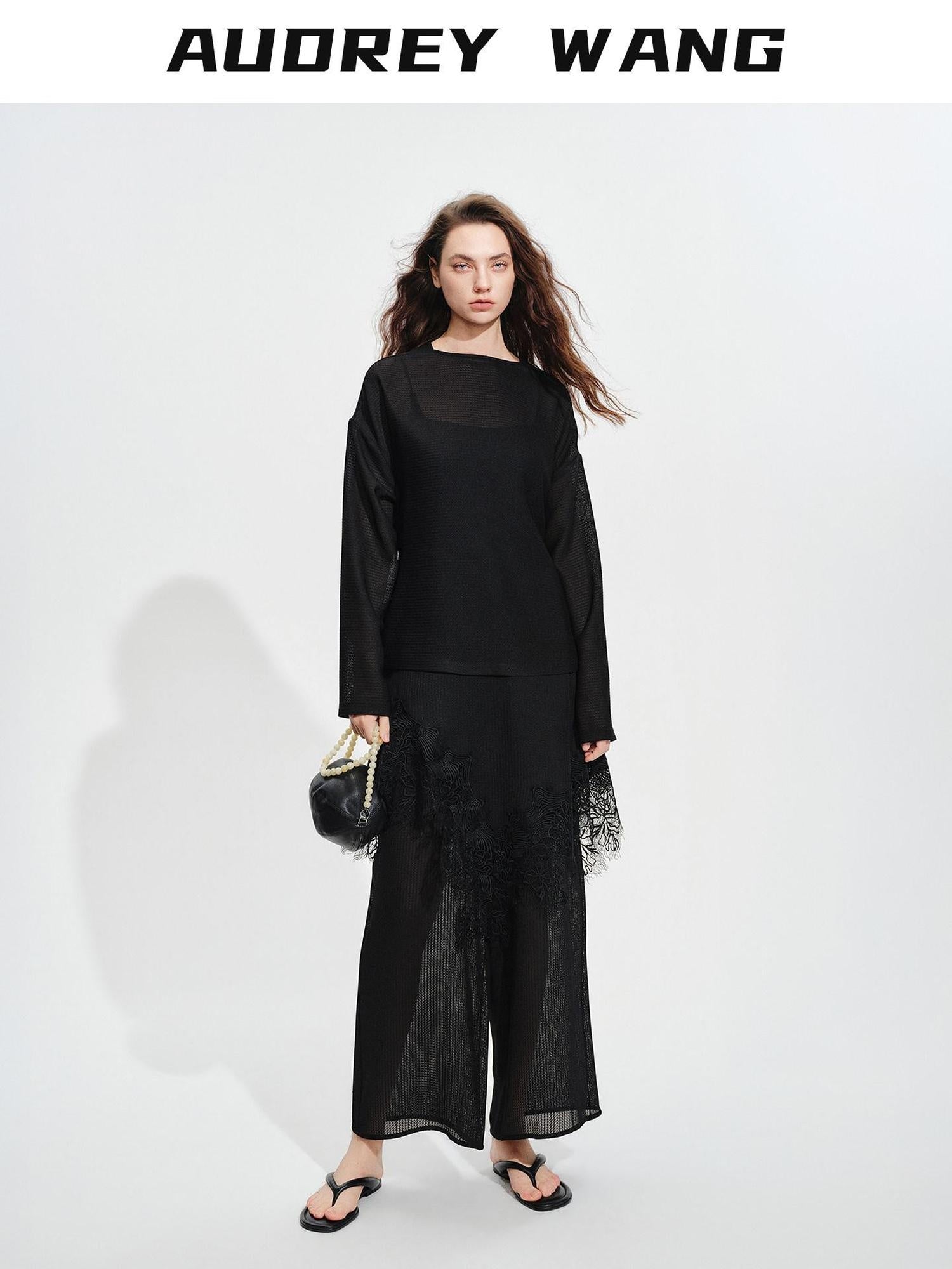 audreyyang Soft Viscose Blend Natural Waist Casual Flowy Women Black White Wide Leg Pants