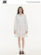 ikyou Non Fading V-neck Drawstring High Waist A Line Casual White Midi Dresses