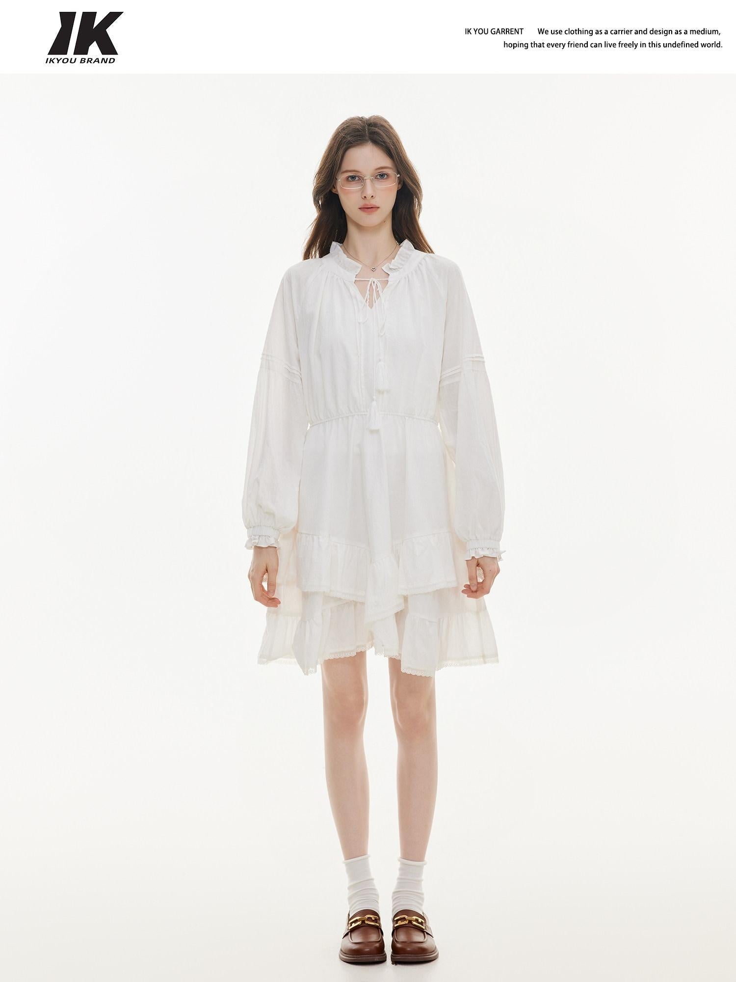 ikyou Non Fading V-neck Drawstring High Waist A Line Casual White Midi Dresses