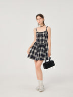 ikyou Slimming Cinched Waist Strappy Plaid A Line Office Midi Dresses
