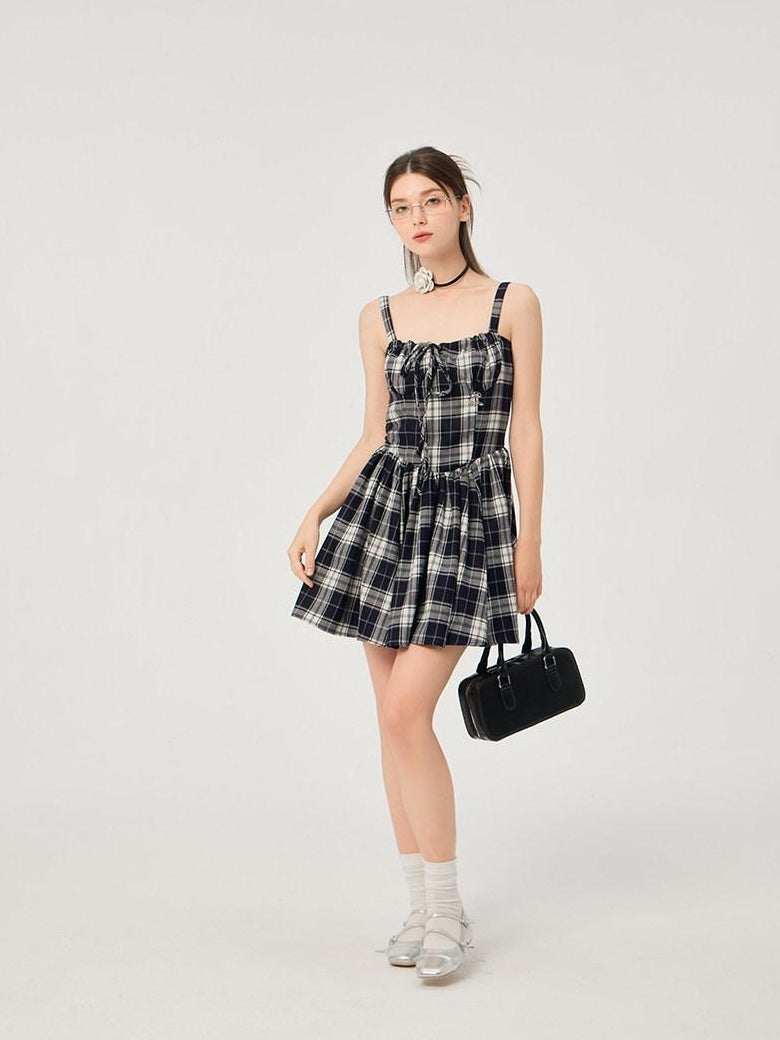 ikyou Slimming Cinched Waist Strappy Plaid A Line Office Midi Dresses