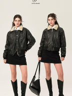 ikyou Thick Distressed Pu Patchwork Straight Zip Pockets Minimalist Leather Jackets