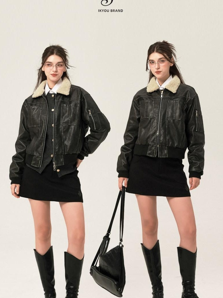 ikyou Thick Distressed Pu Patchwork Straight Zip Pockets Minimalist Leather Jackets