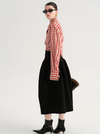 audreyyang Vintage Plaid Loose Fit Long Sleeve Collared Open Front Polyester Women Shirts