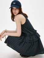 fano Cotton Sleeveless Korean Office A Line Plaid Natural Waist Midi Dresses