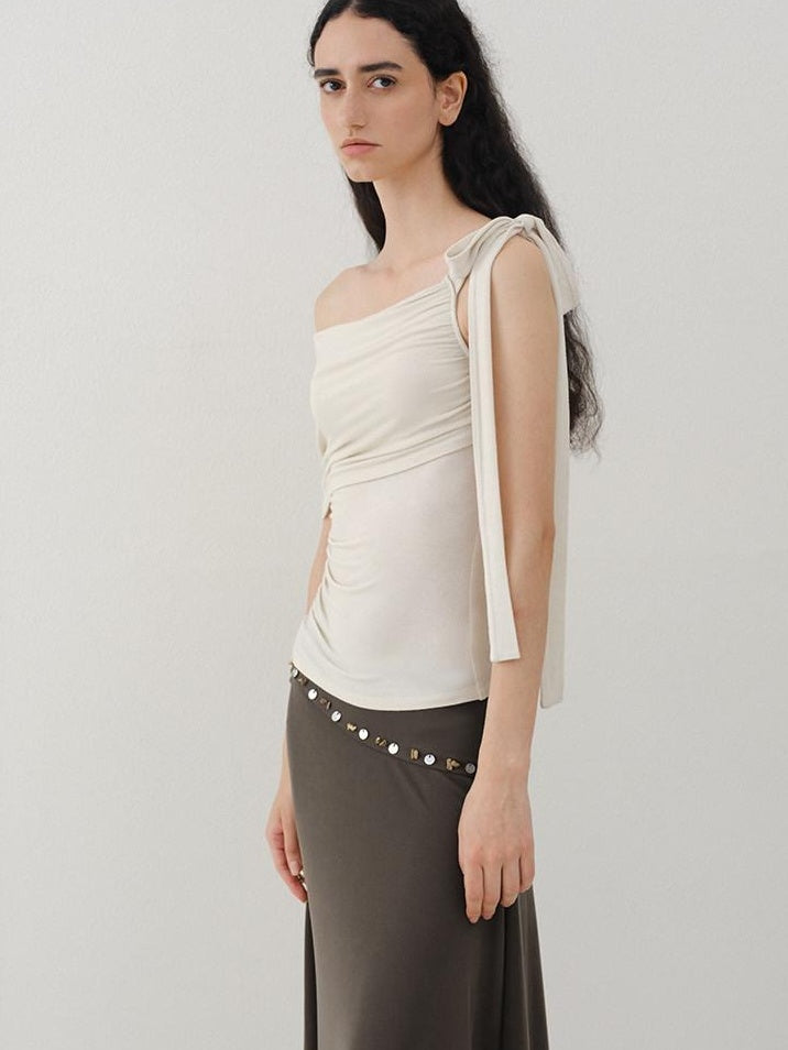 someonesometimes Slim Fit Knit Off Shoulder Casual Solid Apricot Gray Acrylic Stretch Women Top