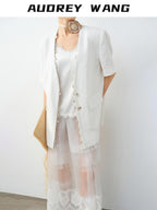 audreyyang Breathable Linen Short Sleeve Minimalist Back Vent Casual Womens Blazers