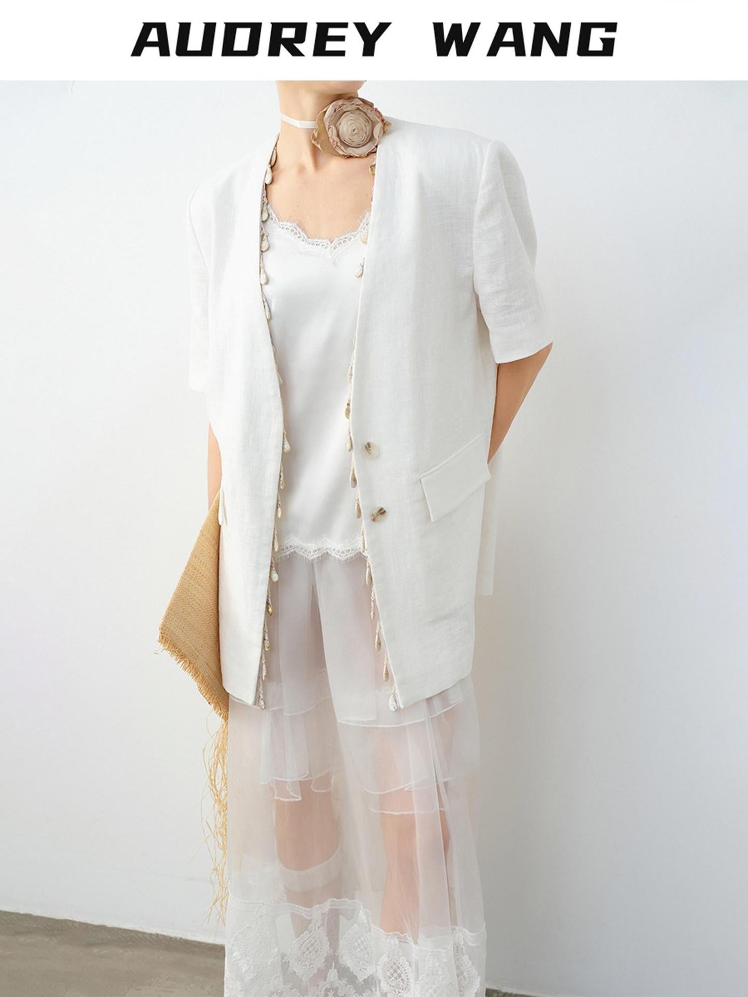 audreyyang Breathable Linen Short Sleeve Minimalist Back Vent Casual Womens Blazers
