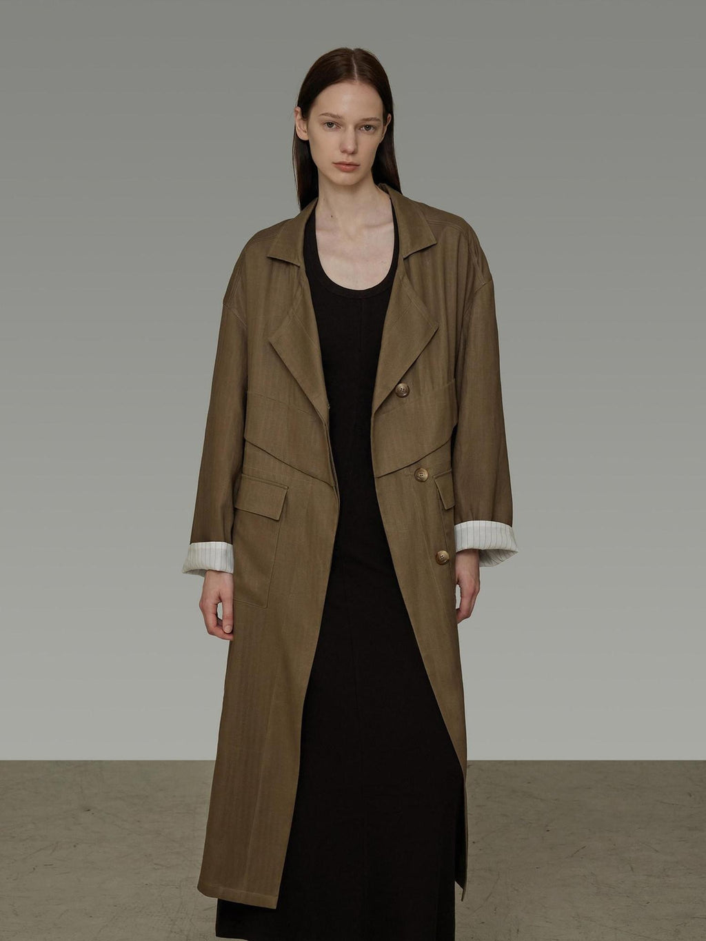 unspoken Minimalist Commuter Loose Long Single Breasted Women Olive Brown Trench Coats