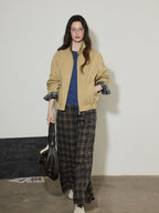 Lofi choose Pure Cotton Office Loose Raglan Zipper Plaid Women Khaki Cropped Jackets