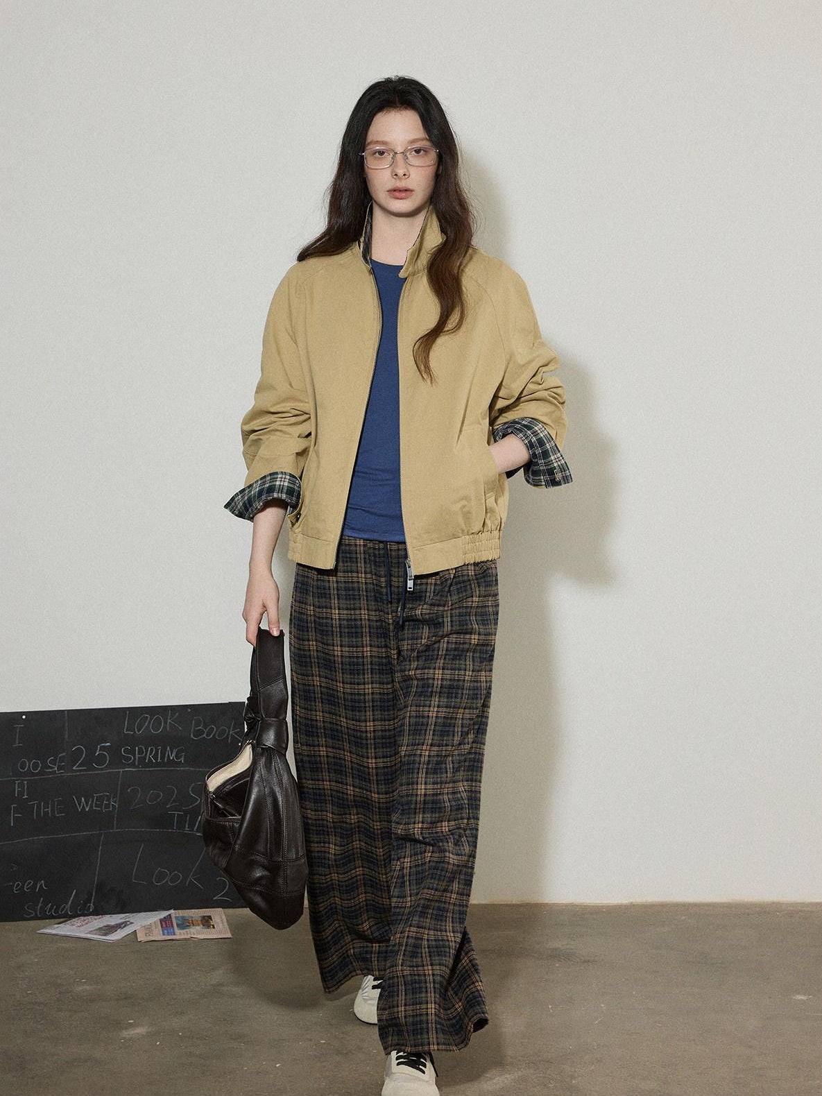 Lofi choose Pure Cotton Office Loose Raglan Zipper Plaid Women Khaki Cropped Jackets
