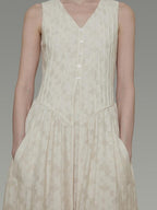 unspoken Elegant Jacquard V-neck High Waist A Line Sleeveless Work Off White Maxi Dresses