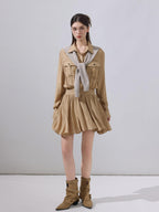 ikyou Cooling Soft Viscose Embroidered A Line Cinched Waist Office Khaki Midi Dresses