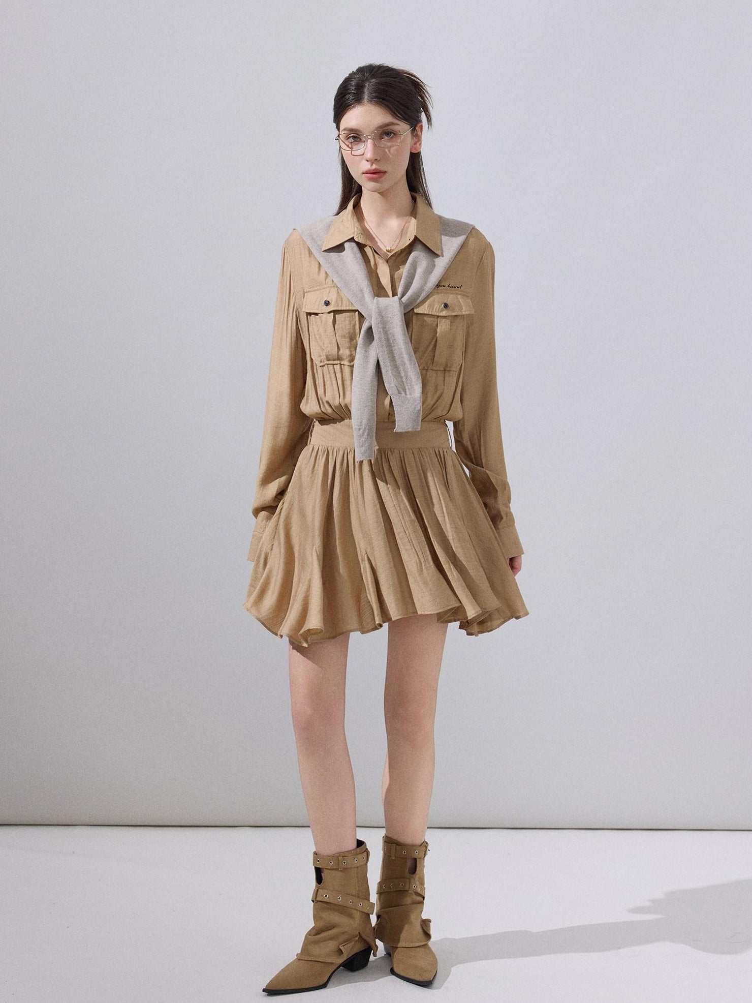 ikyou Cooling Soft Viscose Embroidered A Line Cinched Waist Office Khaki Midi Dresses