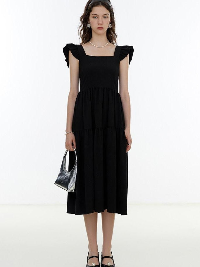 fano High Waist Ruffle A Line Square Neck Office Casual Maxi Dresses