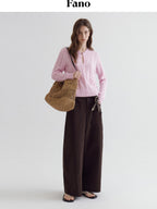 fano High Waist Cotton Warm Minimal Commuter Pocket Button Women Brown Wide Leg Pants
