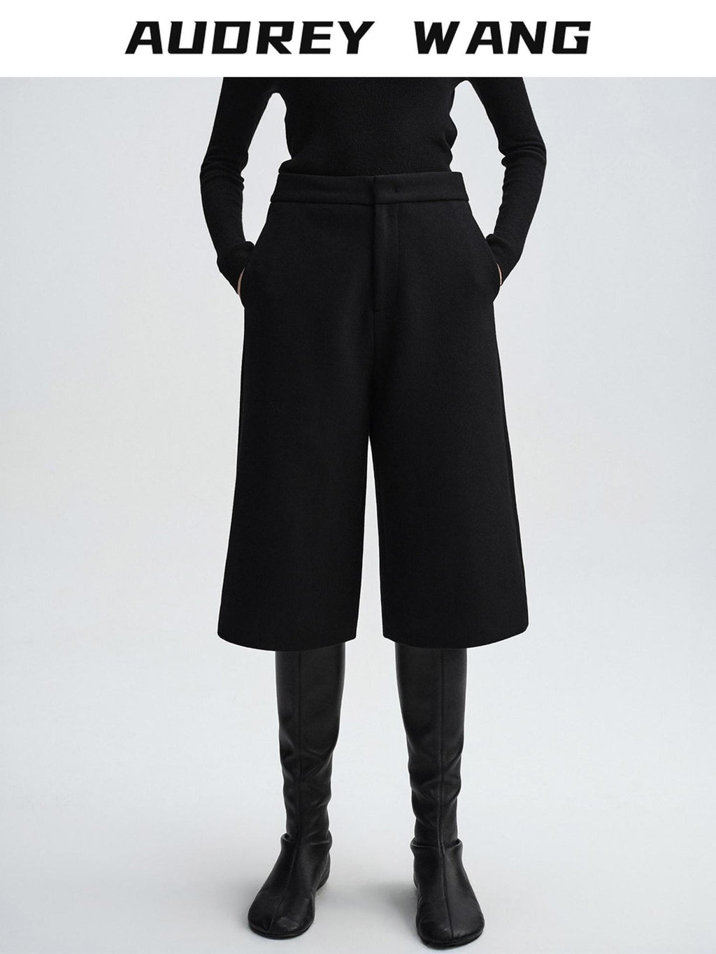 audreyyang Wool Blend Minimalist Wide Leg Natural Waist Womens Workwear Mid-Length Shorts