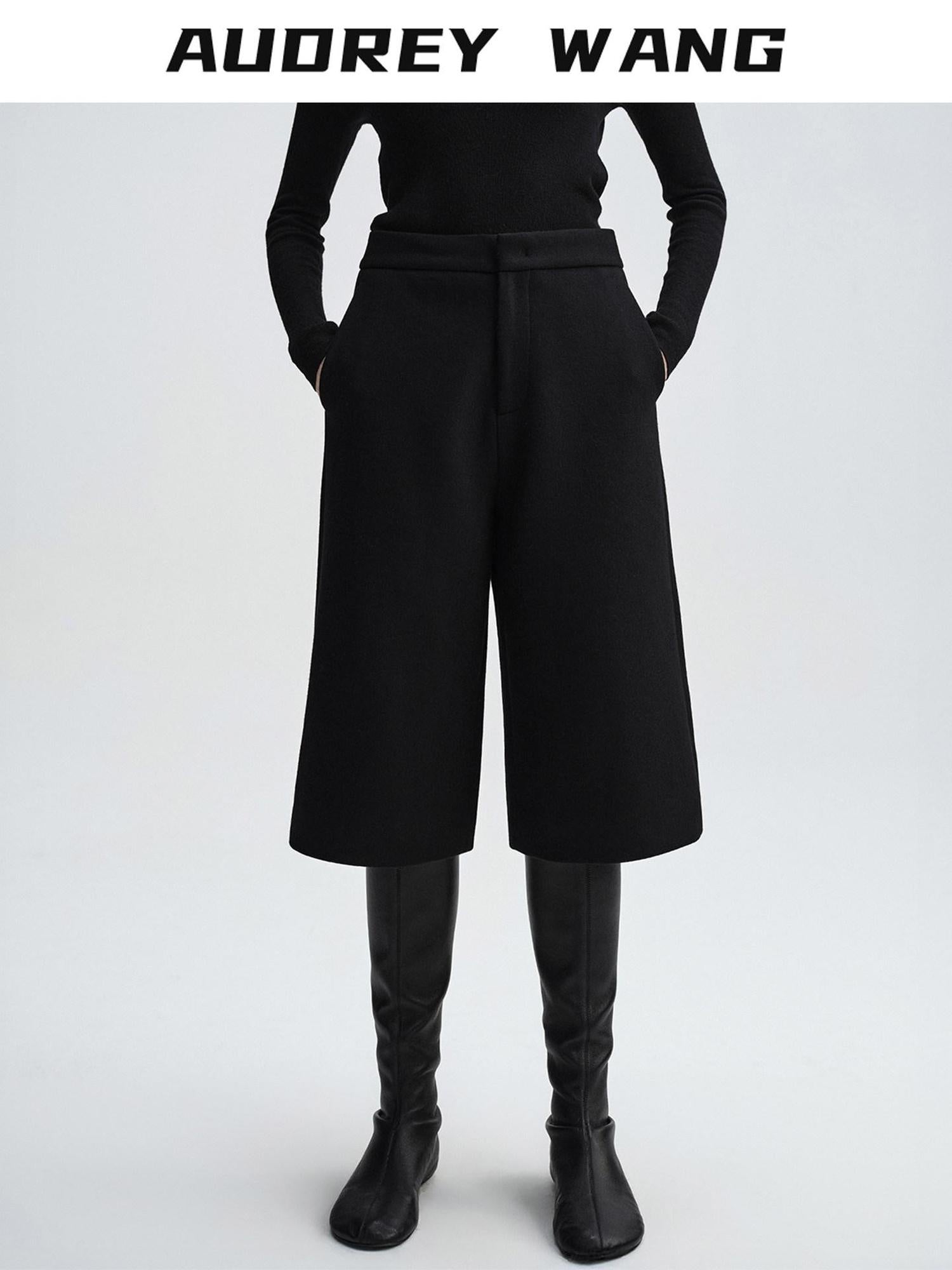 audreyyang Wool Blend Minimalist Wide Leg Natural Waist Womens Workwear Mid-Length Shorts