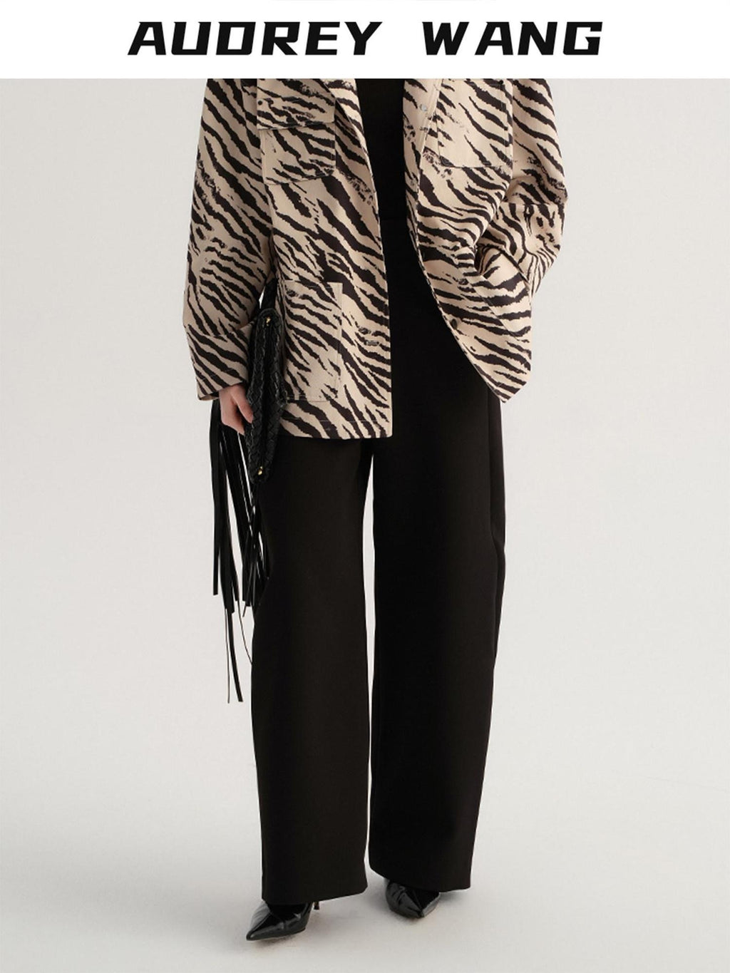 audreyyang Smart Office Natural Waist Zip Fly Polyester Blend Black White Straight Pants