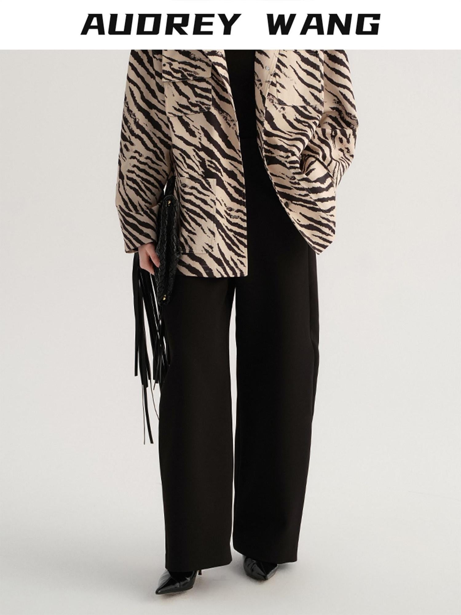 audreyyang Smart Office Natural Waist Zip Fly Polyester Blend Black White Straight Pants