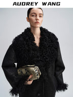 audreyyang Warm Wool Shearling Collar Patchwork Loose Midlength Women Black Long Coats