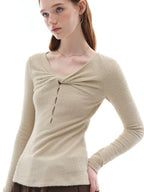 someonesometimes Soft Stretch V-neck Cutout Slim Fit Knit For Women Apricot Long Sleeve T-Shirts