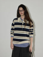 Lofi choose Contrast Polo Collar Striped Loose Office Knit Button Pullover Women Sweaters
