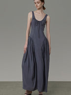 unspoken Pleated High Waist Minimal H Silhouette U Neck Sleeveless Office Maxi Dresses