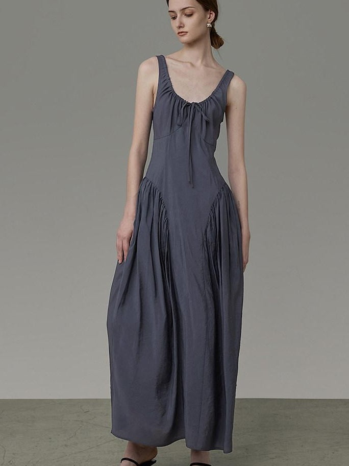 unspoken Pleated High Waist Minimal H Silhouette U Neck Sleeveless Office Maxi Dresses